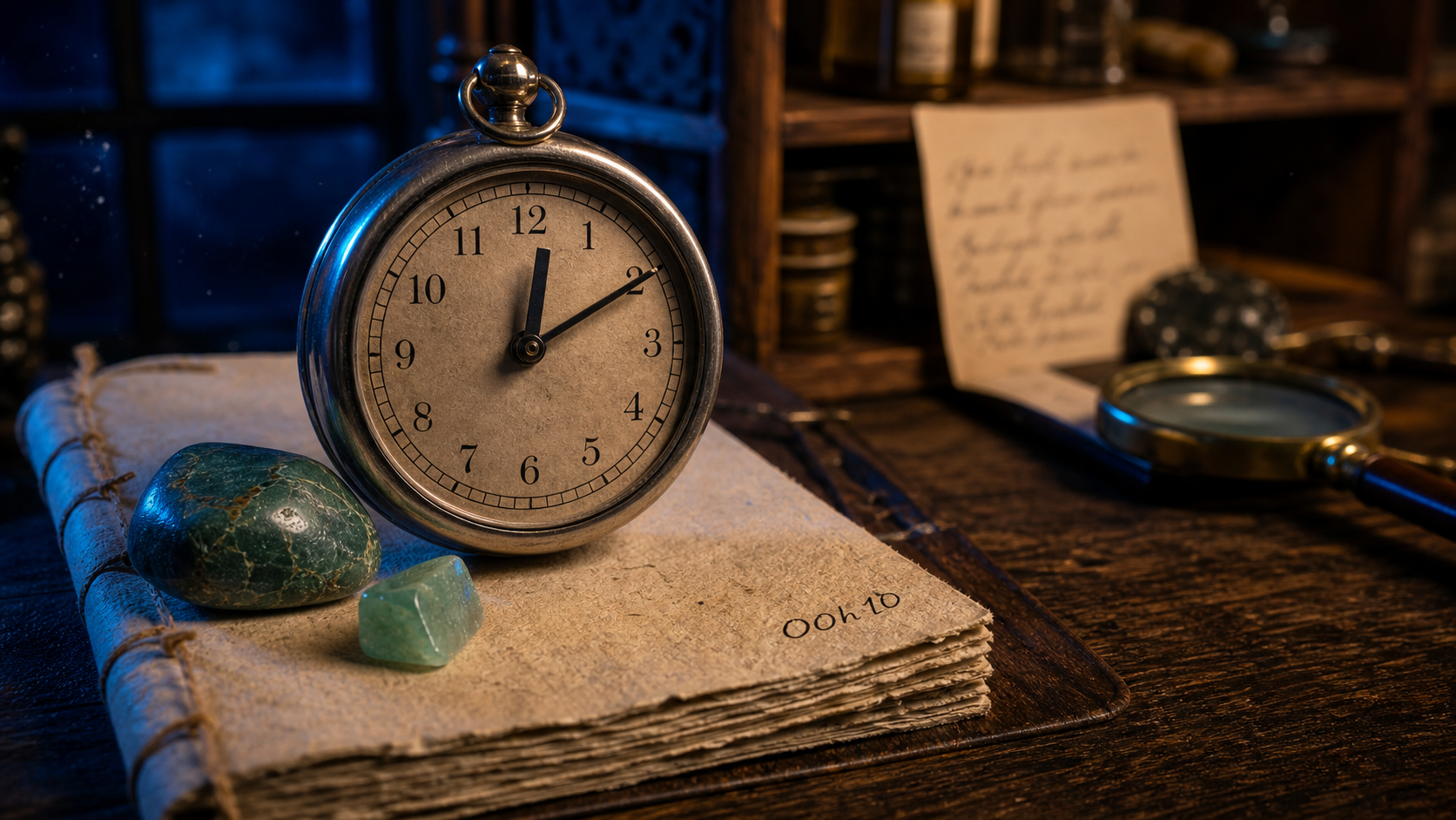 00h10, horloge ancienne et pierres de jaspe et aventurine, message de renouveau