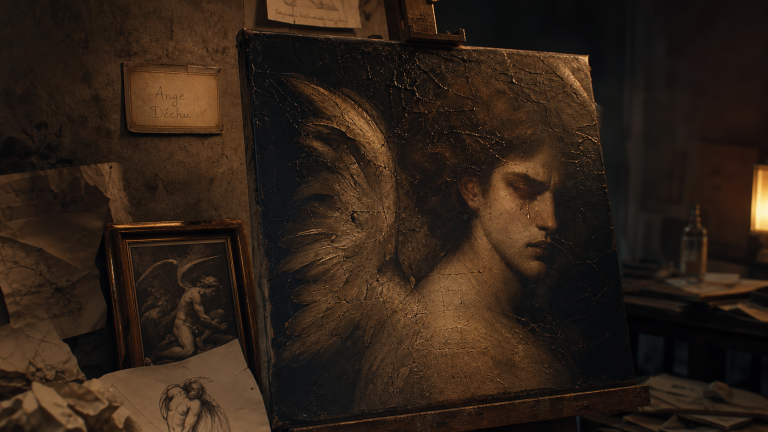 Ange déchu en atelier sombre, ailes froissées et larme