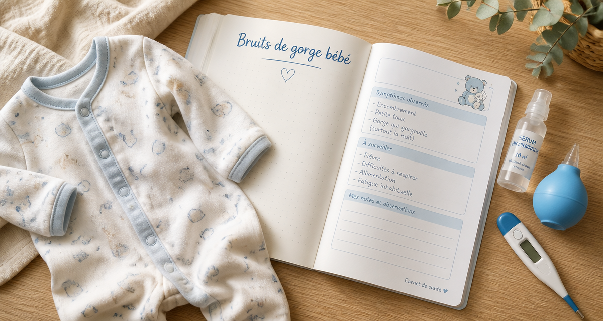 bébé fait des bruits de gorge pyjama et sérum sur table