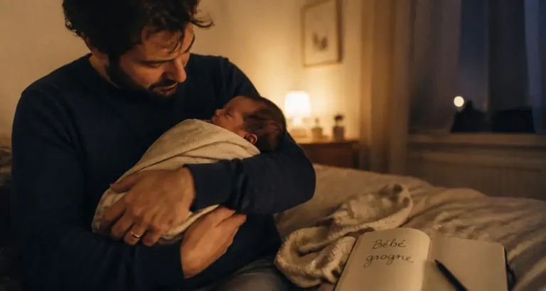 bebe grogne : parent tient un nouveau-né, chambre au calme