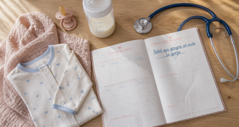 bébé qui grogne et racle la gorge, objets sur table