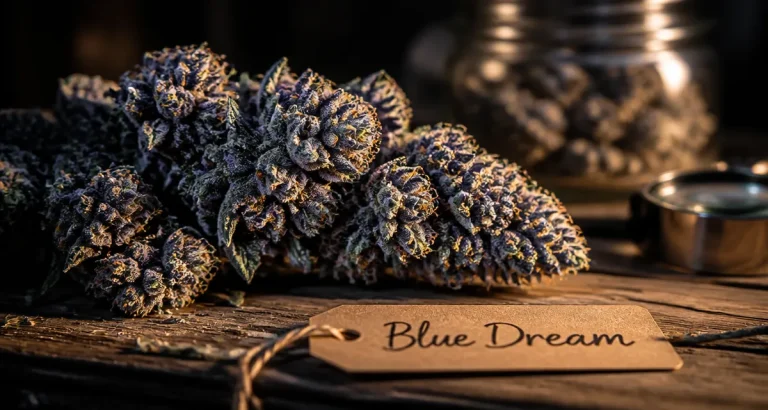 Blue Dream : fleurs bleu violacé et trichomes glacés