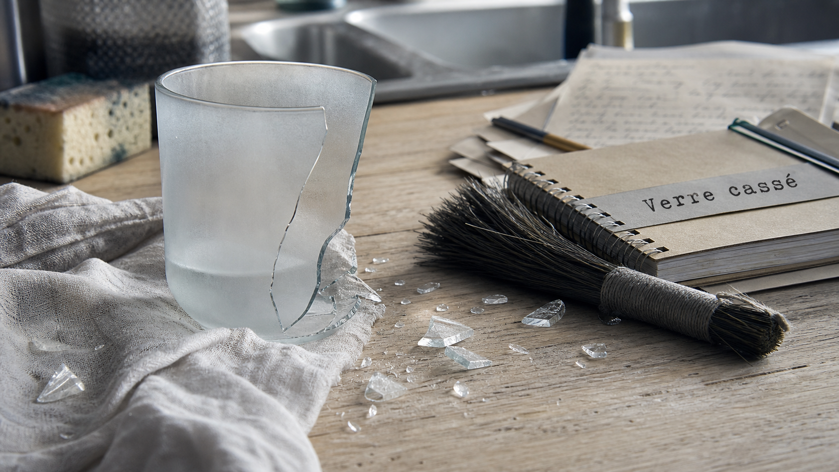 Casser du verre blanc signification : éclats blancs sur table, tasse fendue