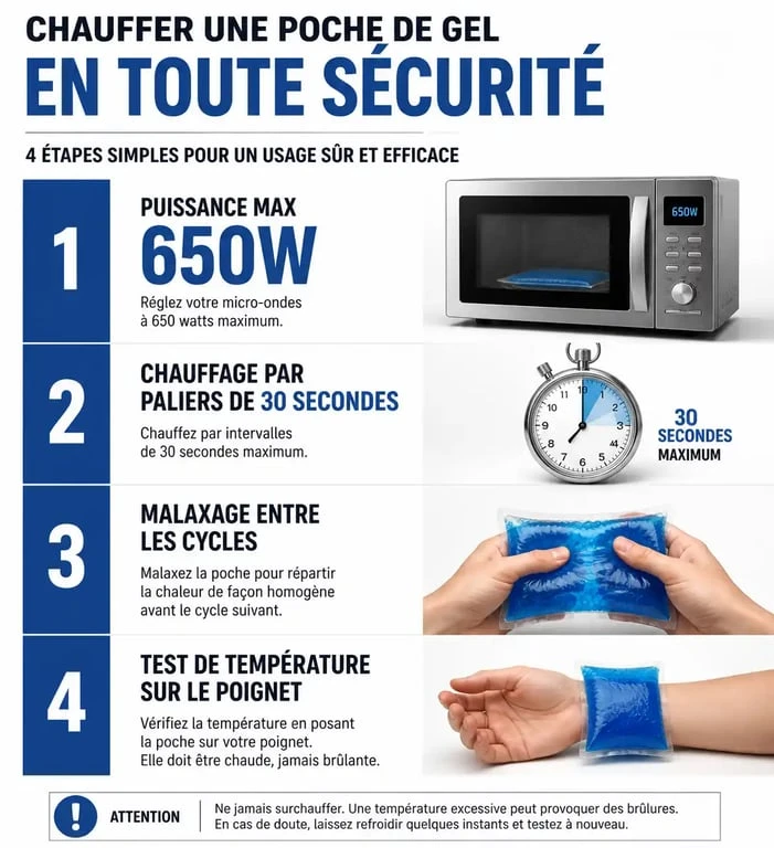 Infographie sur les règles de sécurité pour l'utilisation d'une poche de gel chaud froid au micro-onde