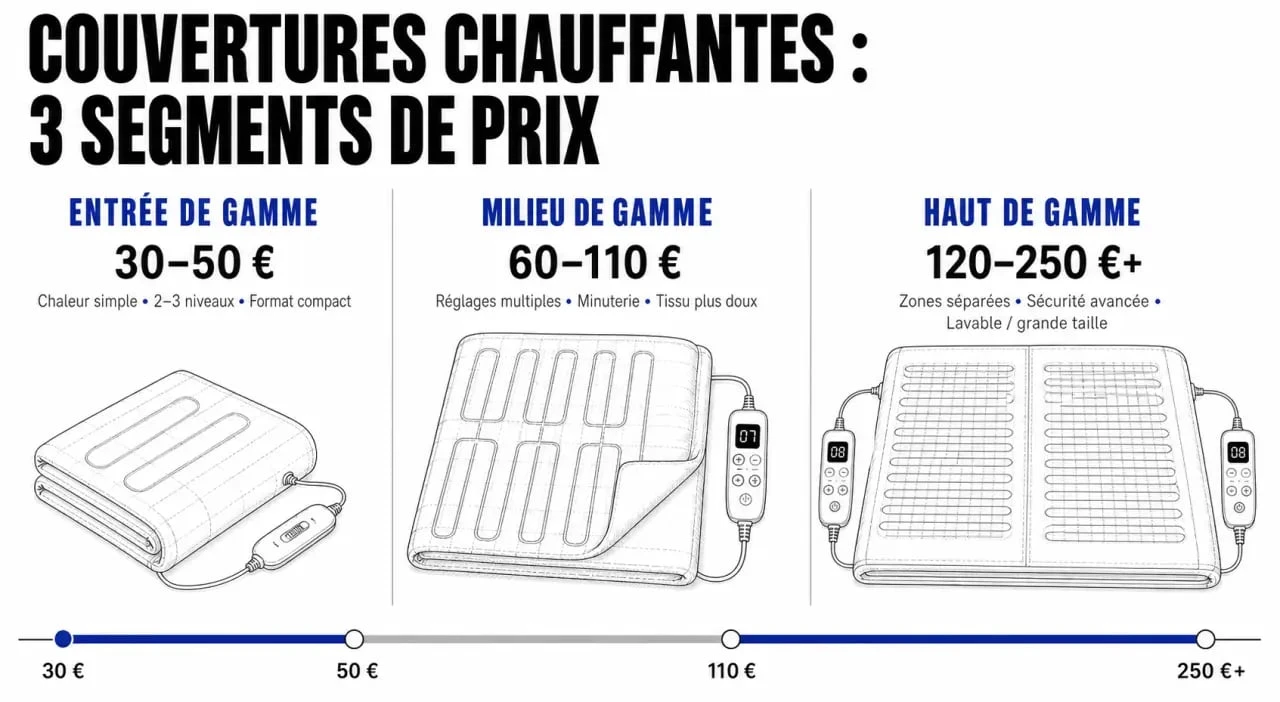 Infographie comparative des prix des couvertures chauffantes par gamme de produit