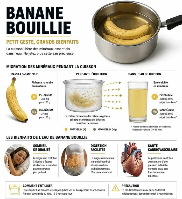 Infographie sur les bienfaits santé de la banane bouillie et ses propriétés nutritionnelles