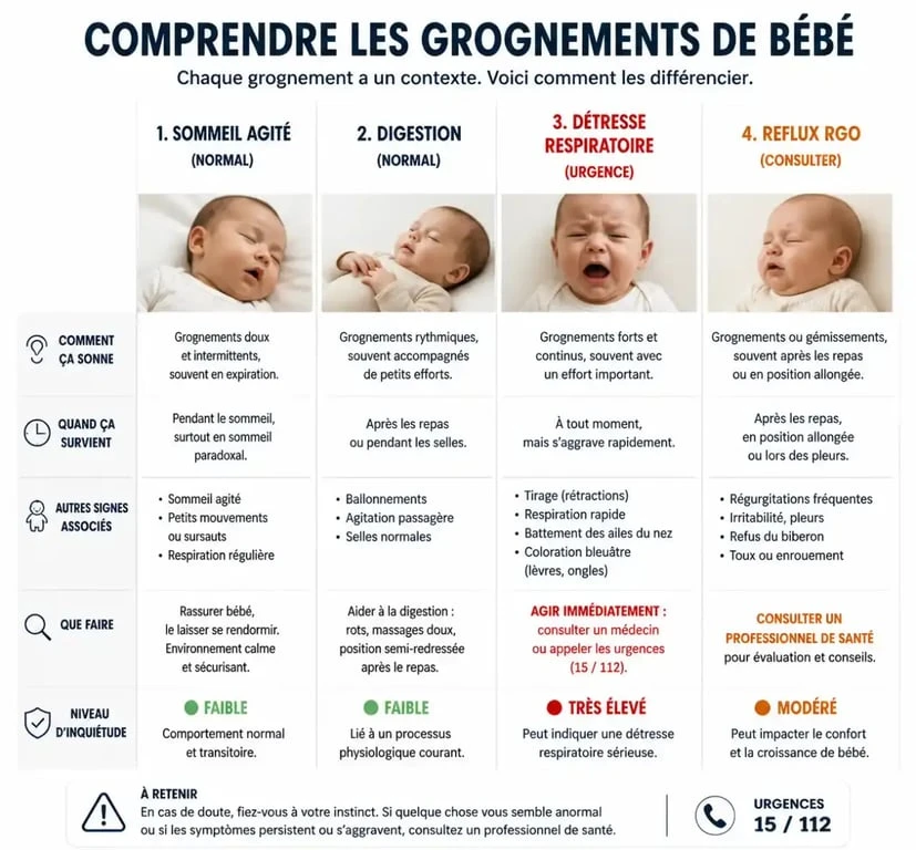 Infographie sur les causes des grognements de bébé et signes d'alerte pour les parents