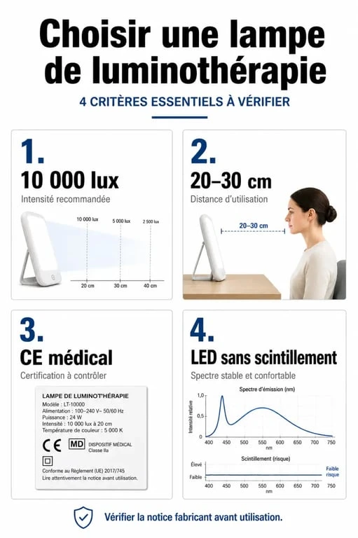 Infographie des critères techniques pour choisir la meilleure lampe de luminothérapie