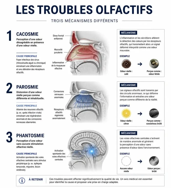 Schéma explicatif des troubles olfactifs : cacosmie, parosmie et phantosmie, causes de l'odeur ammoniaque dans le nez