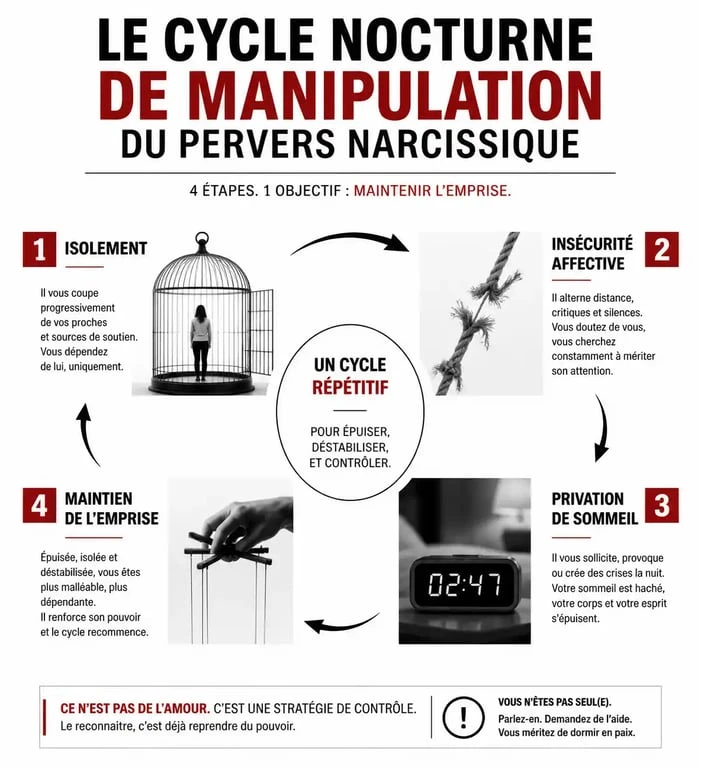 Schéma explicatif du cycle de manipulation et d'isolement nocturne d'un pervers narcissique dans le couple