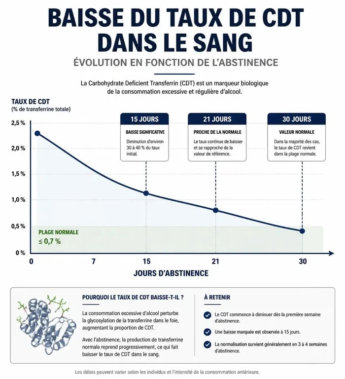 Infographie sur la baisse du taux de CDT dans le sang : astuces pour faire baisser les cdt et délais de normalisation.