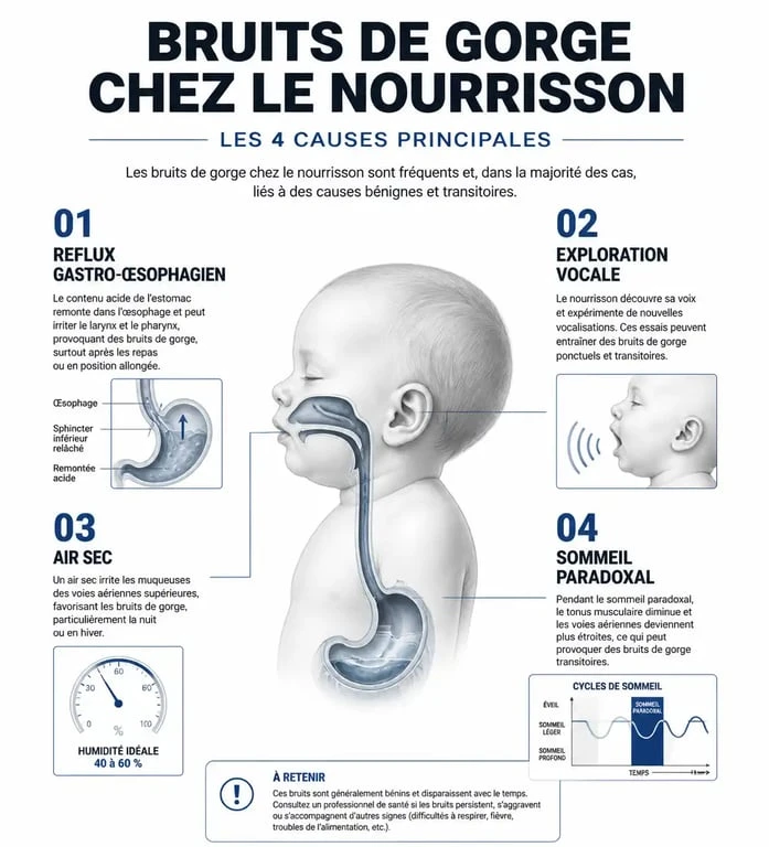 Infographie explicative sur les causes d'un bébé qui grogne et racle la gorge