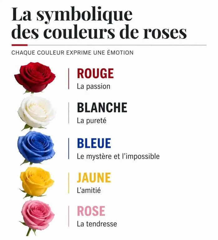 Infographie sur la signification des couleurs de roses, incluant la rose bleue symbolisant le mystère et l'impossible.