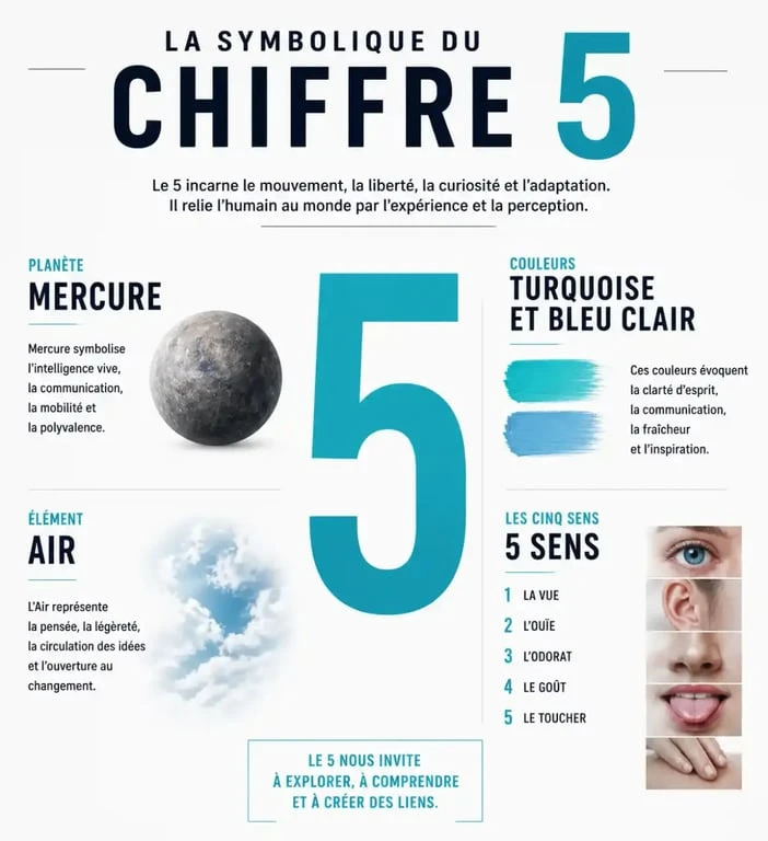 Infographie sur la signification du chiffre 5 en numérologie et ses correspondances symboliques