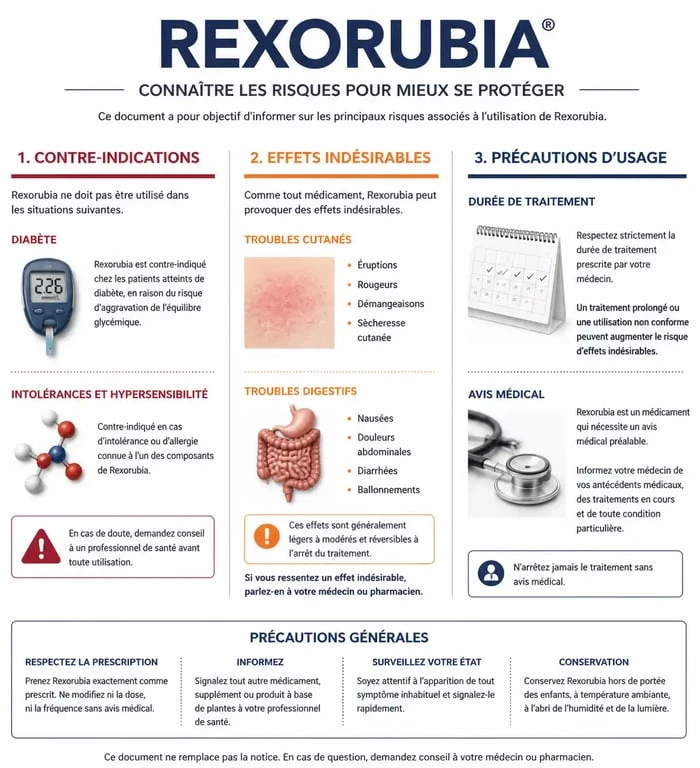 Infographie récapitulative des risques et contre-indications du médicament Rexorubia pour la sécurité des patients