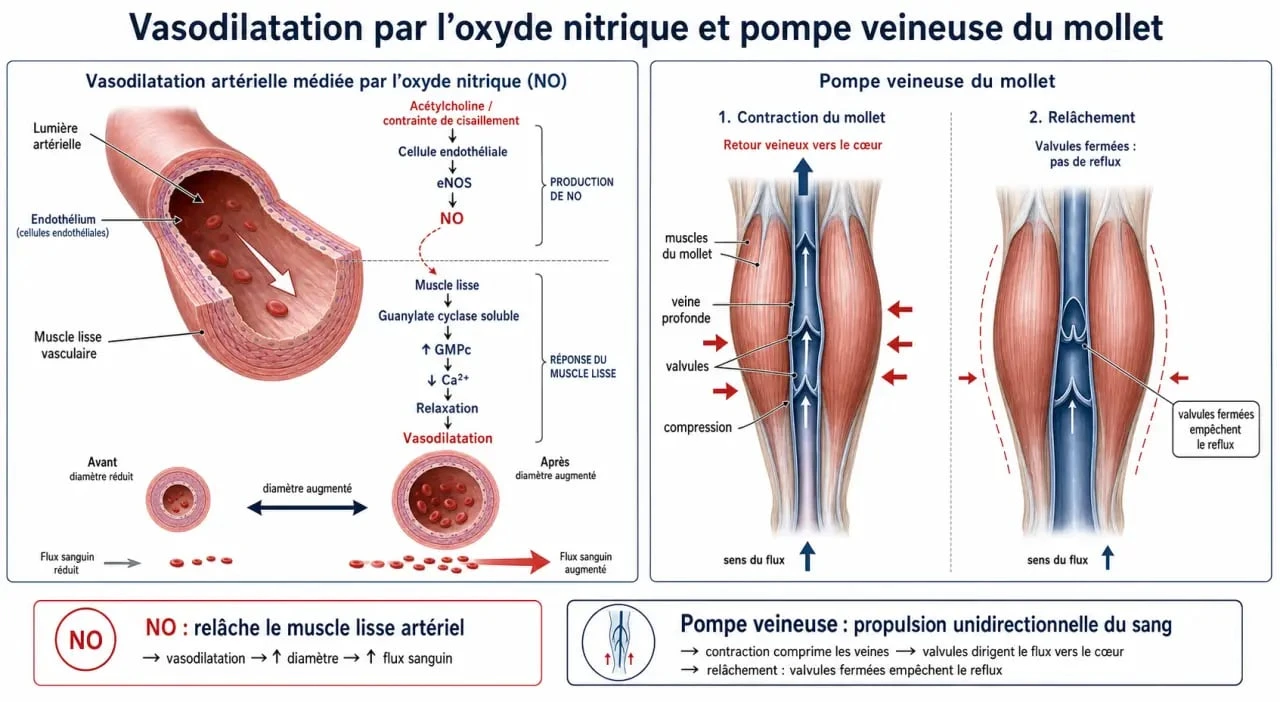 Infographie expliquant comment augmenter le flux sanguin naturellement via la vasodilatation et la pompe veineuse