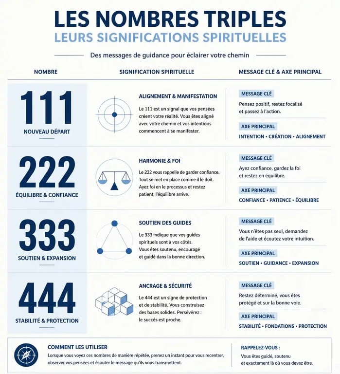 Infographie des significations spirituelles des nombres triples 111, 222, 333 et 444 incluant le chiffre 222