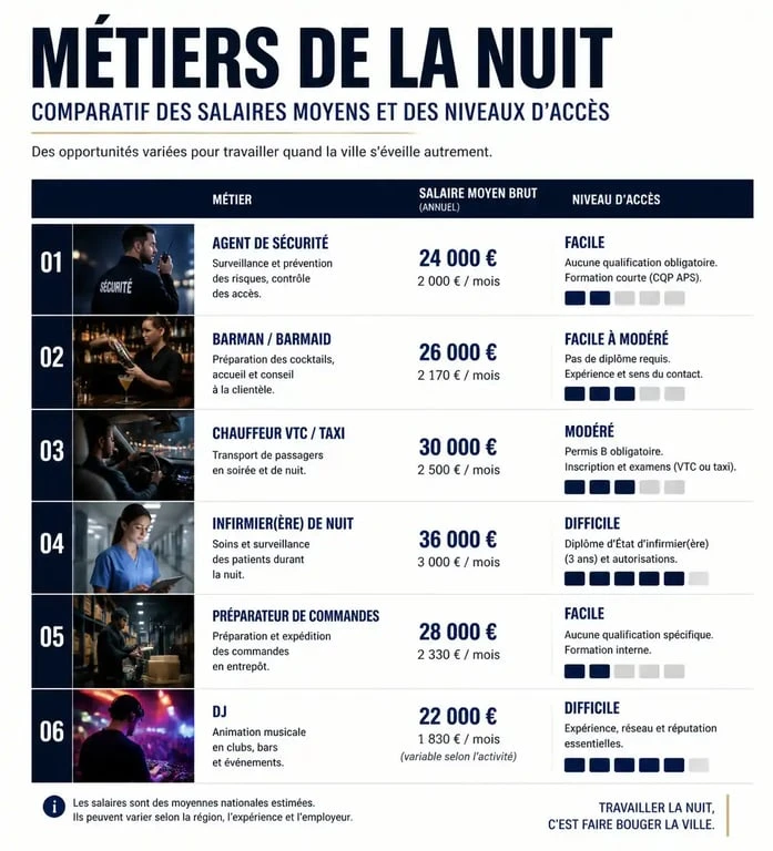 Infographie comparative des métiers de la nuit : salaires et conditions d'accès