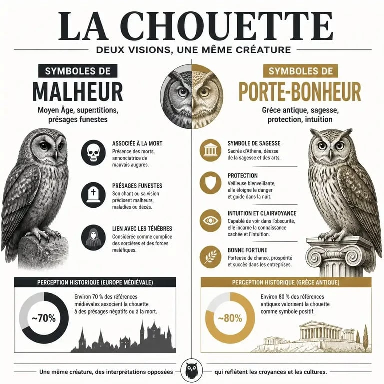 Infographie comparant la chouette comme porte-bonheur ou signe de malheur selon les époques