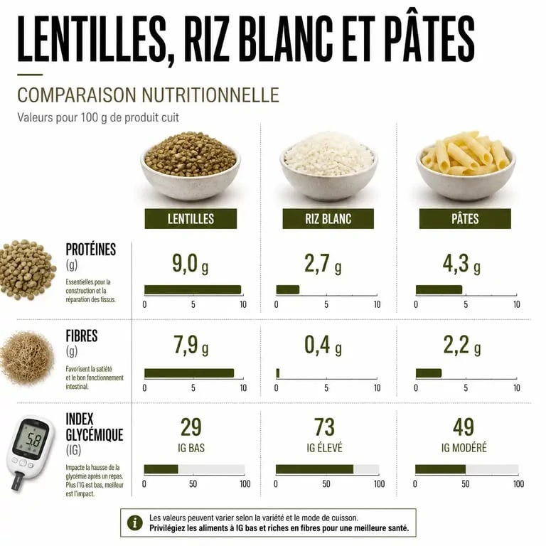 Infographie comparative des valeurs nutritionnelles : lentilles vs riz et pâtes pour la gestion du poids