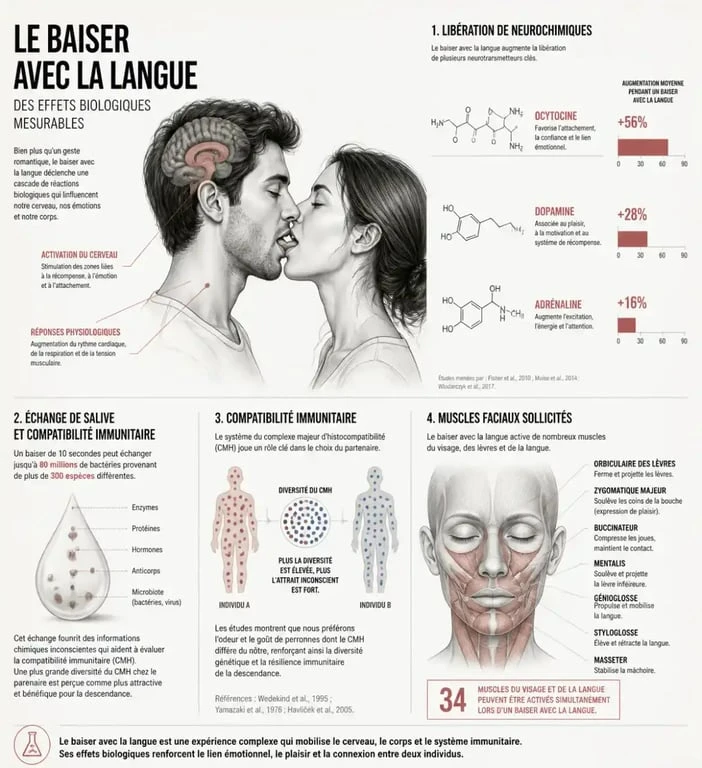 Infographie sur les bienfaits et la signification biologique du baiser avec la langue