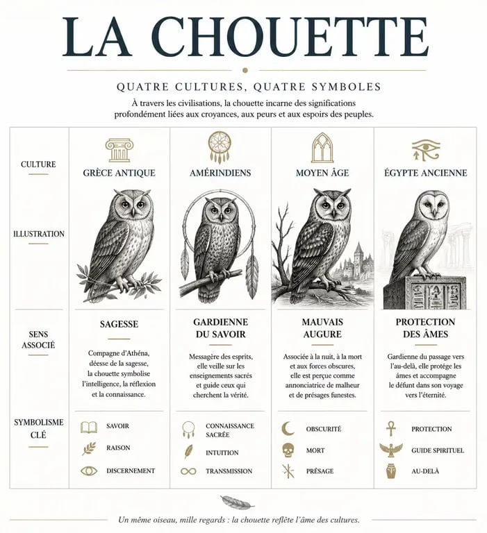 Infographie comparant les significations symboliques et présages liés à la chouette selon les cultures