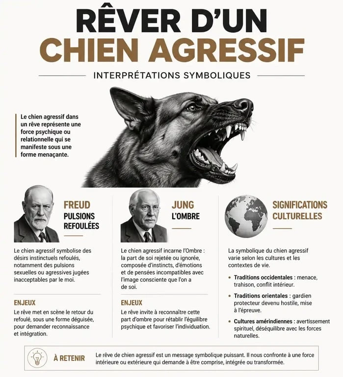 Infographie des significations du rêve de chien agressif selon la psychologie et la culture