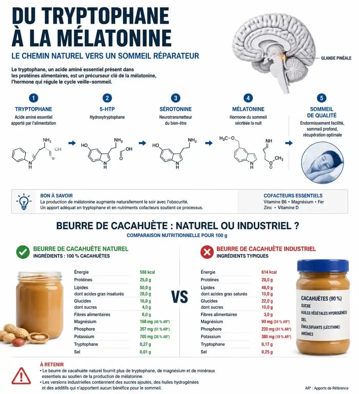 Infographie sur les bienfaits du beurre de cacahuète le soir et son impact sur le sommeil