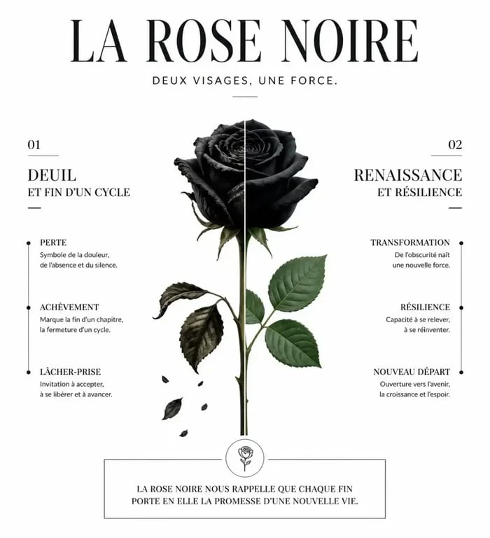 Infographie sur la signification de la rose noire : entre deuil et renaissance