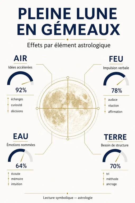 Infographie des effets de la pleine lune en Gémeaux sur les signes astrologiques selon les éléments