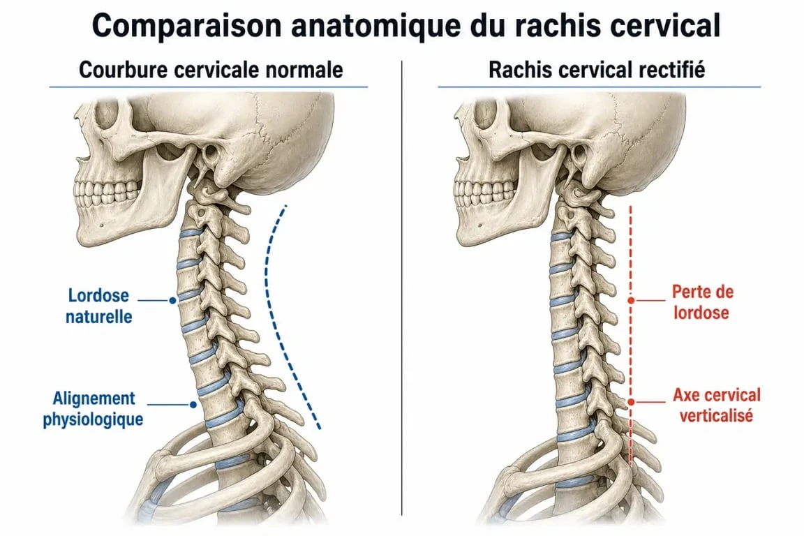 Schéma anatomique comparant une courbure cervicale normale et une rectitude du rachis cervical.