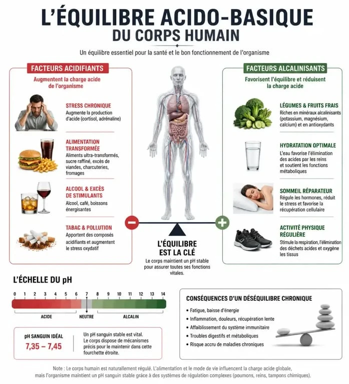 Infographie sur l'équilibre acido-basique et les 4 signes que votre corps est trop acide