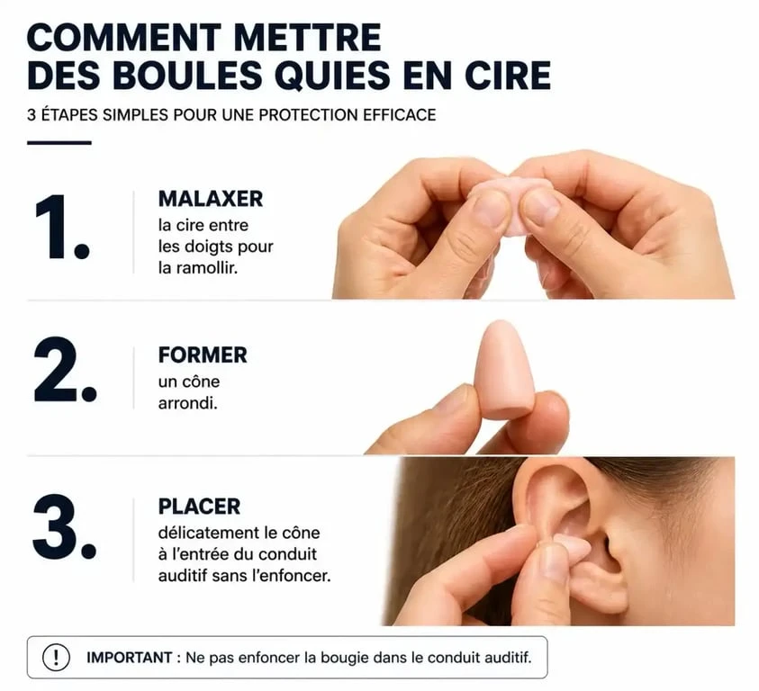 Étapes illustrées pour mettre des boules Quies en cire correctement dans l'oreille