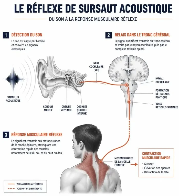 Schéma explicatif du réflexe de sursaut acoustique et du bruit qui fait sursauter