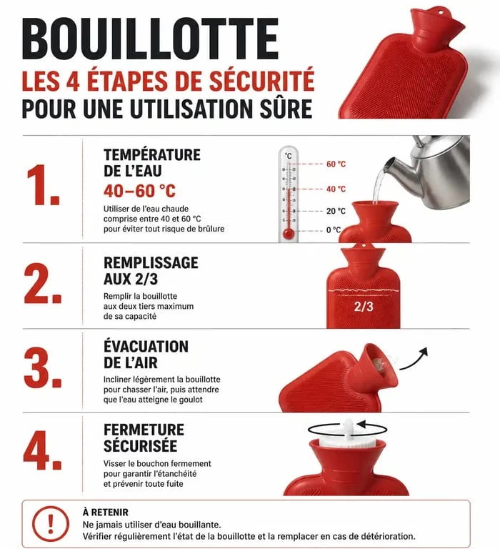 Infographie des étapes de sécurité pour comment utiliser une bouillotte en toute sécurité