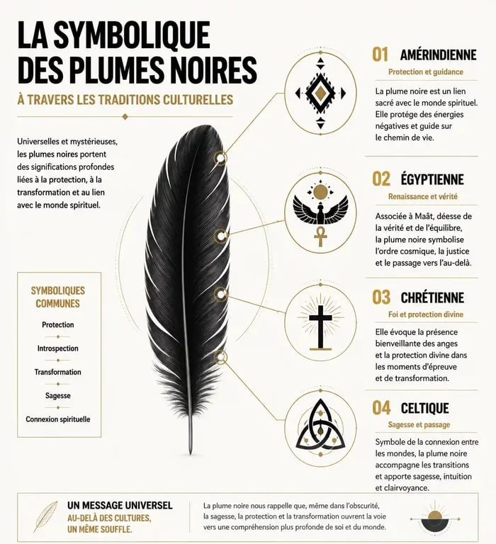 Infographie sur la signification spirituelle et culturelle de la plume noire