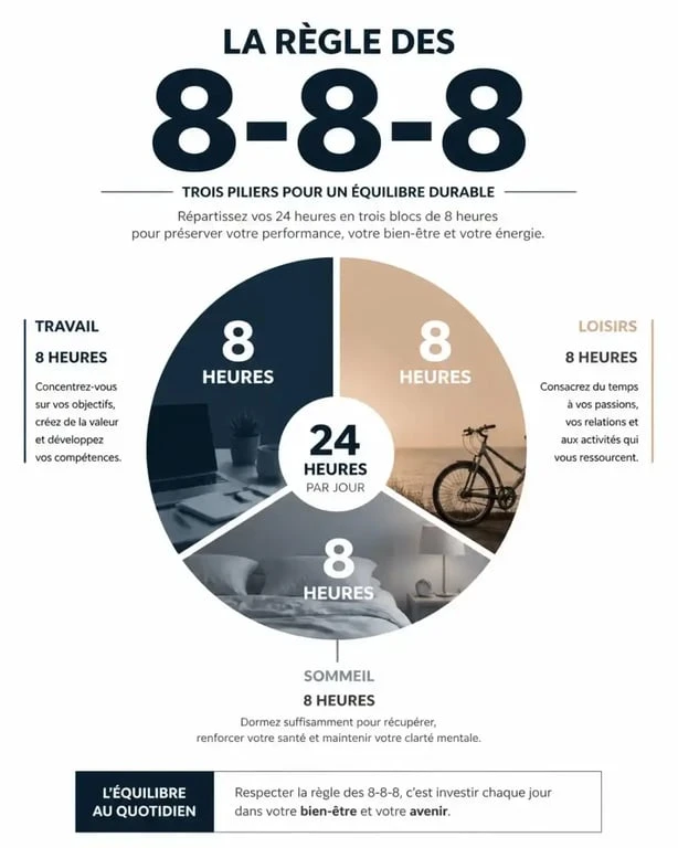 Infographie illustrant la règle des 8 8 8 pour un équilibre vie professionnelle et vie personnelle