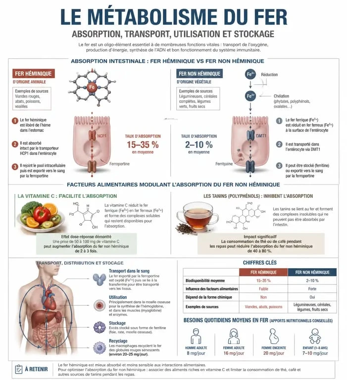 Infographie sur le rôle et l'absorption du fer dans l'organisme pour comprendre à quoi sert le fer