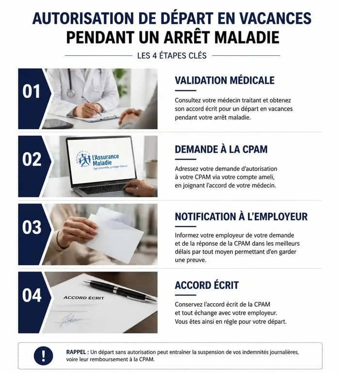 Infographie des étapes pour partir en vacances en arrêt maladie pour dépression