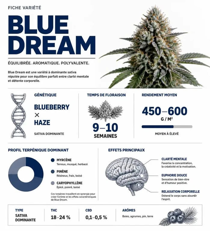 Infographie récapitulative des caractéristiques techniques et effets de la variété Blue Dream