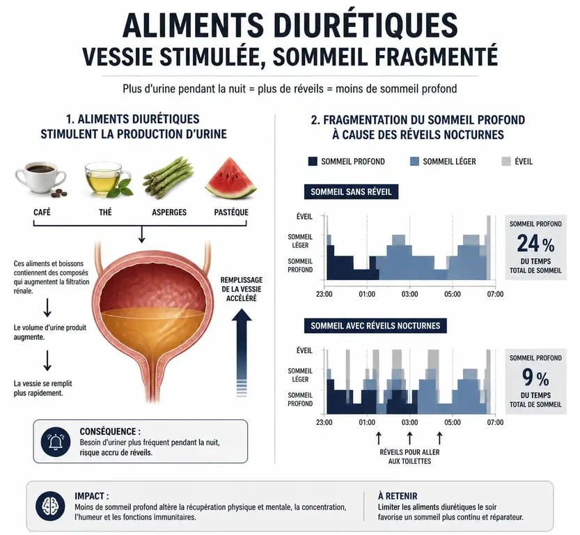 Infographie sur les effets des aliments diurétiques à éviter le soir pour limiter les réveils nocturnes et améliorer la qualité du sommeil.