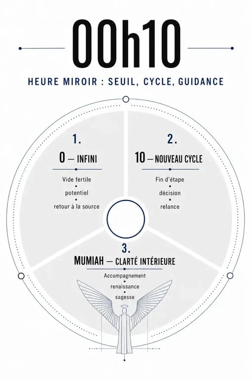 Infographie explicative de la signification spirituelle et numérologique de l'heure miroir 00h10