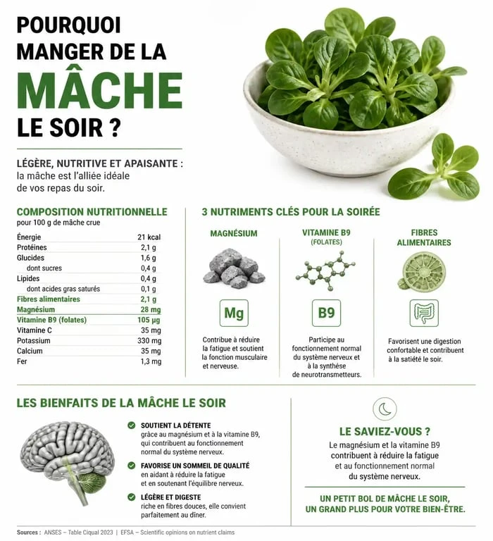 Infographie sur les bienfaits nutritionnels de manger de la mâche le soir pour la santé et le sommeil