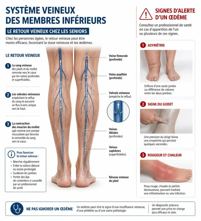 Infographie sur les causes et les signes d'alerte des chevilles enflées chez les personnes âgées
