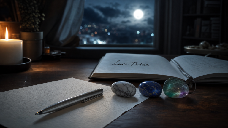 Pleine lune en Gémeaux : pierres et rituel de clarté sur un bureau