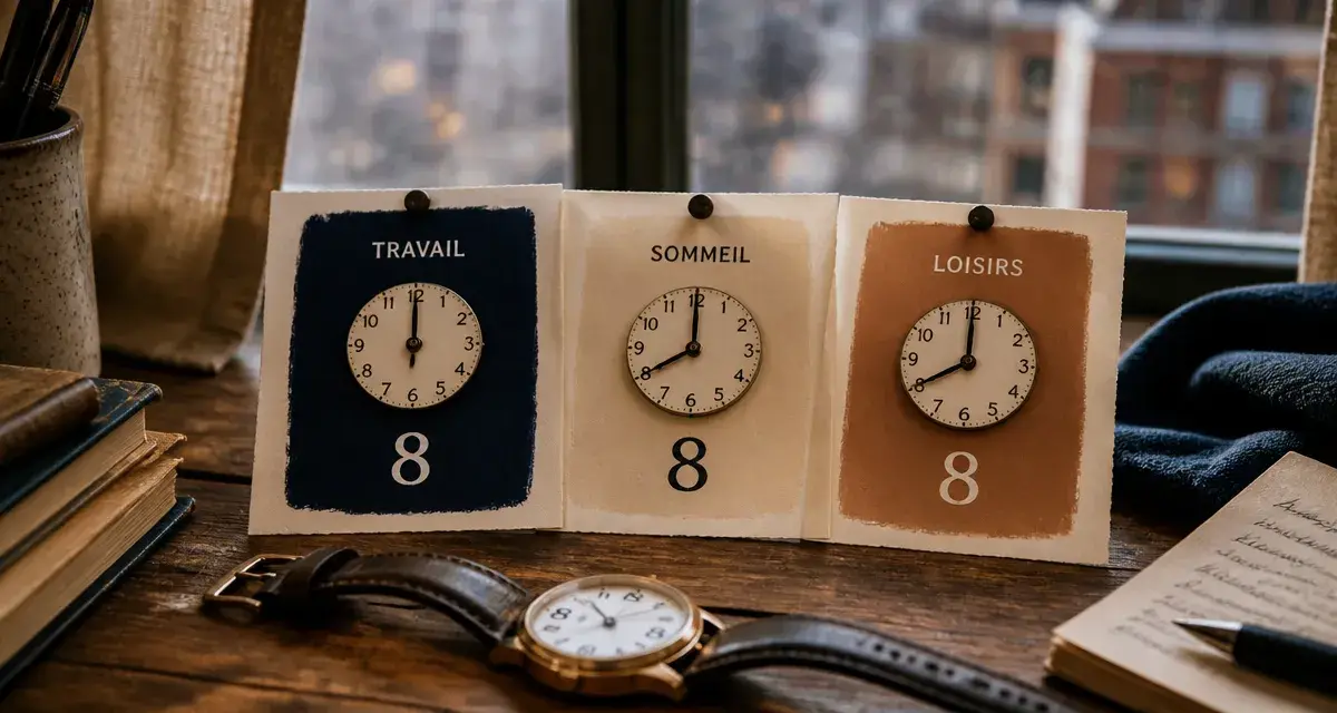 Règle 8 8 8 en trois blocs : travail, sommeil, loisirs
