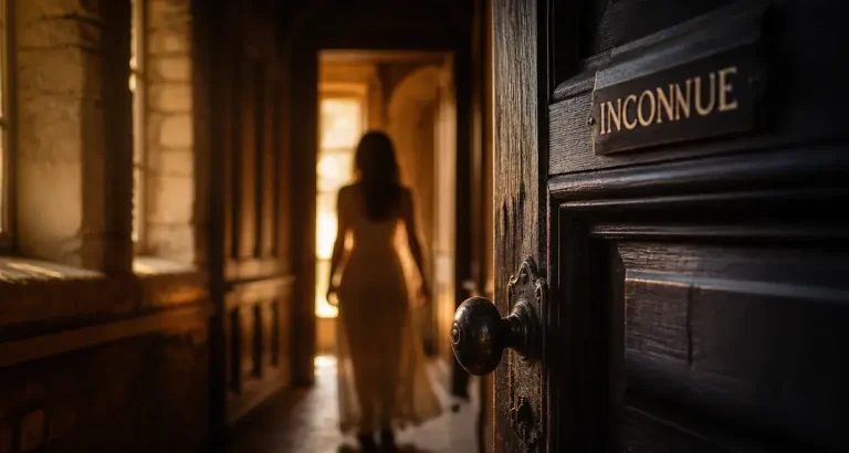Rever de femme : silhouette et porte entrouverte dans un couloir ancien