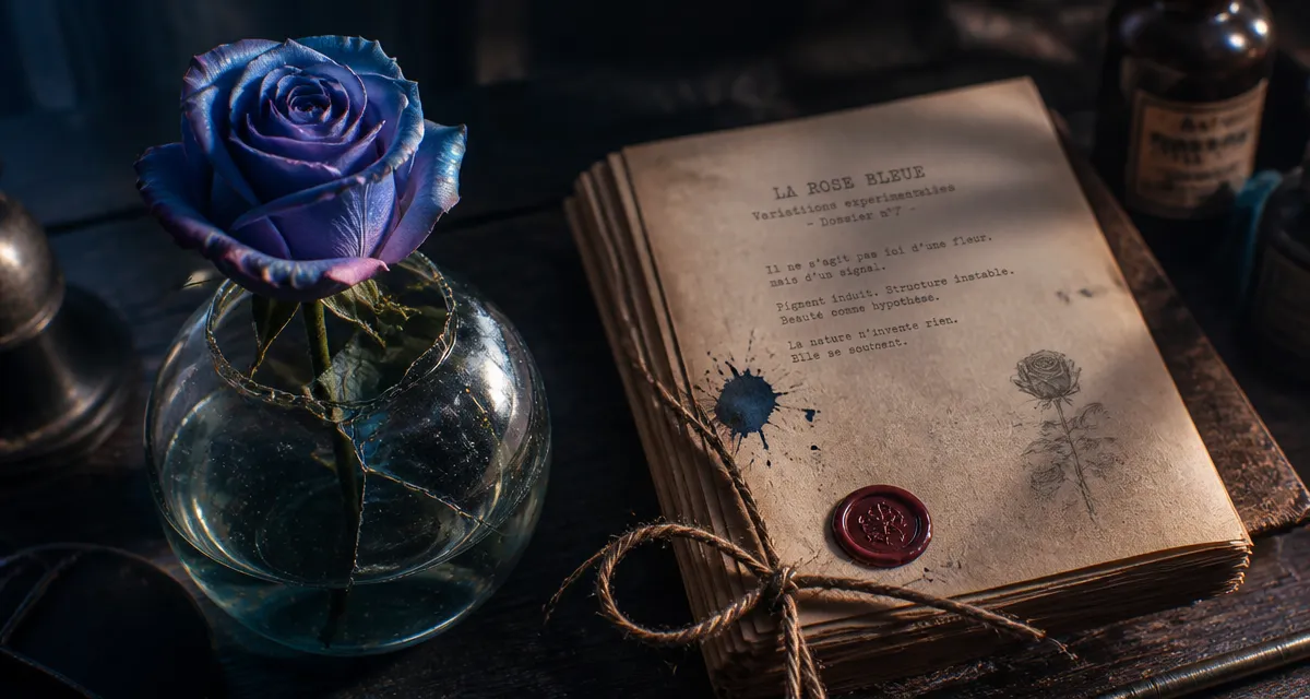 Rose bleu signification : rose bleue sur table sombre
