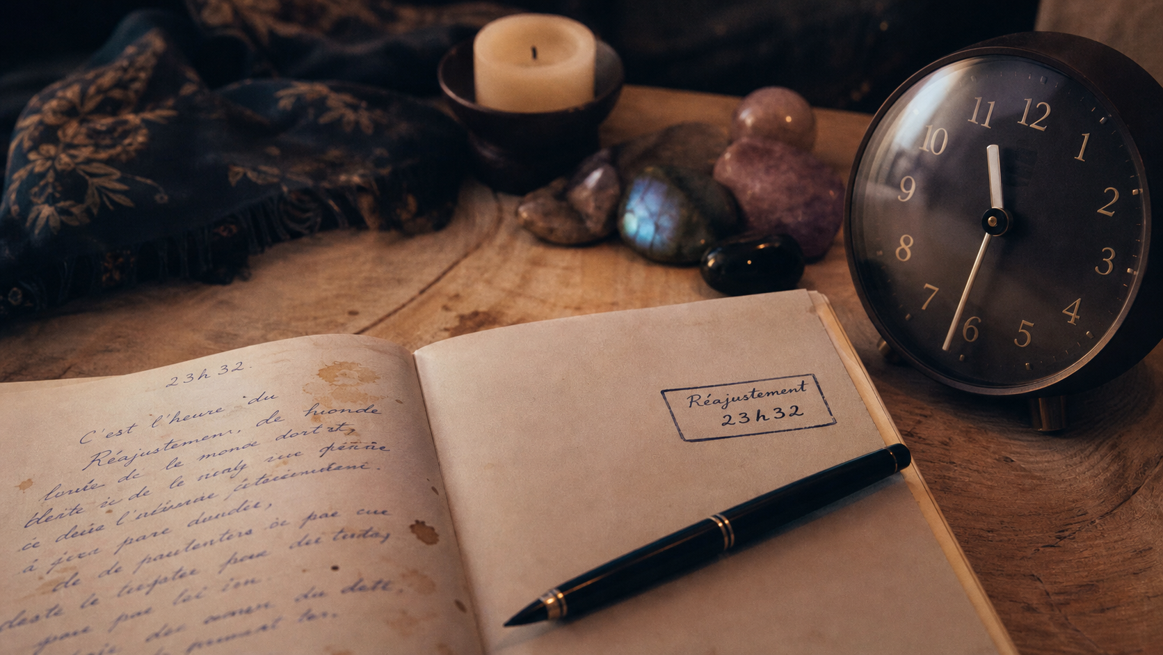 23h32 signification spirituelle : horloge et carnet, nouveau départ
