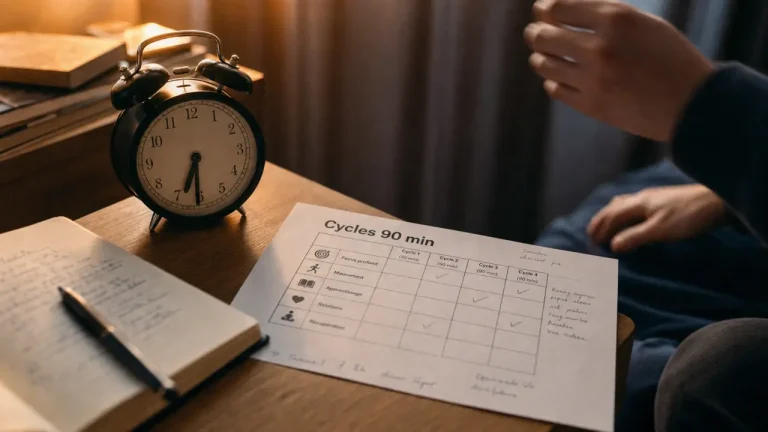 Calcule heure de sommeil : tableau cycles 90 min et réveil analogique